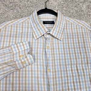 Canali Shirt Mens Large White blue brown Dress Button Up Long Sleeve Italy